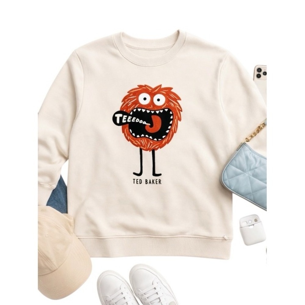 Ted Baker Cream Monster Graphic Sweatshirt Cotton Crewneck Embroidered Size 2 - Picture 15 of 15